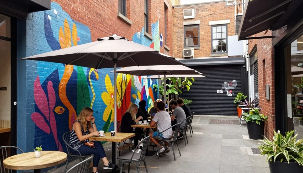 Hidden laneway cafe in Perth with street art and outdoor seating