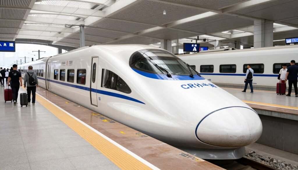 High-speed train at Beijing railway station platform High-speed train at Beijing railway station platform