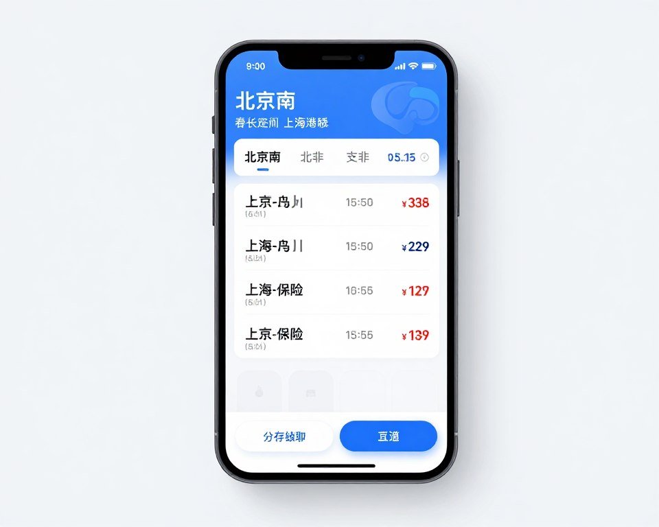 High-speed train ticket booking interface on smartphone app showing Beijing to Shanghai route