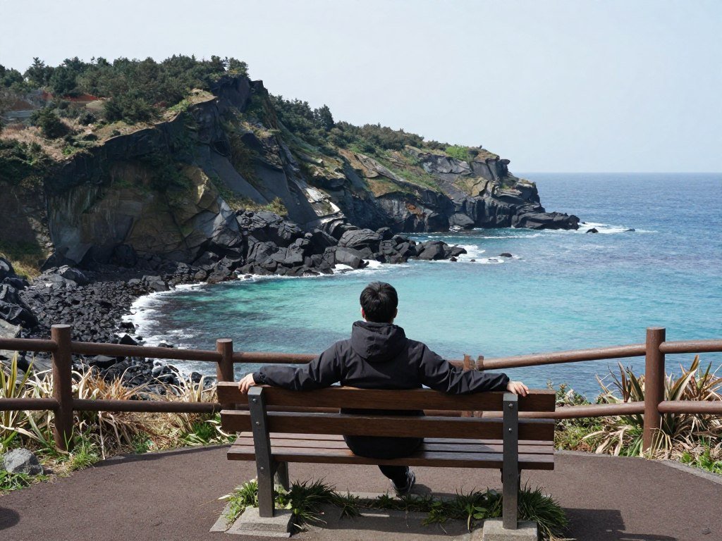 Hiker resting at Olle trail coastal viewpoint with scenic ocean panorama