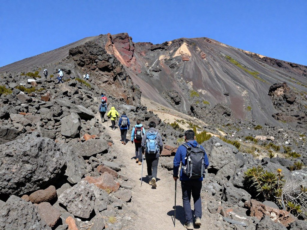 Hikers ascending Mount Hallasan trail through volcanic rock formations