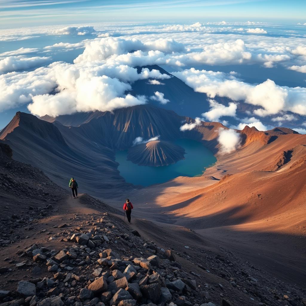 Hikers ascending Mount Rinjani volcano with crater lake view in Lombok - Indonesia travel guide