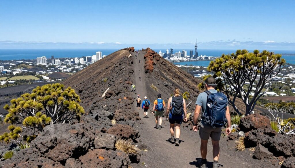 Hikers climbing Rangitoto Island volcanic trail