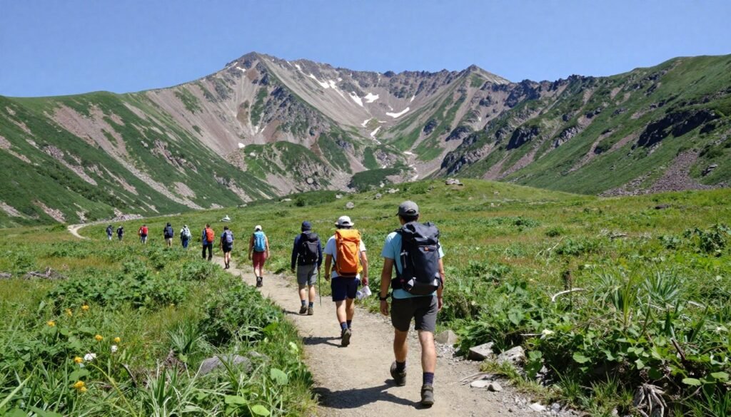 Hikers on trail in Daisetsuzan National Park with mountain views