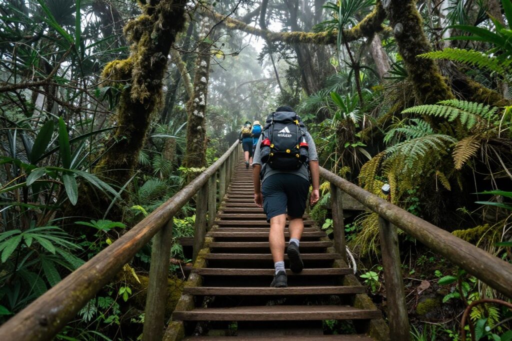 Hikers on wooden stairs trail through mossy forest on Mount Kinabalu