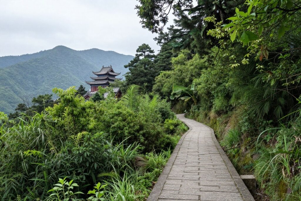 Hiking trail on Mount Emei with temples and forest