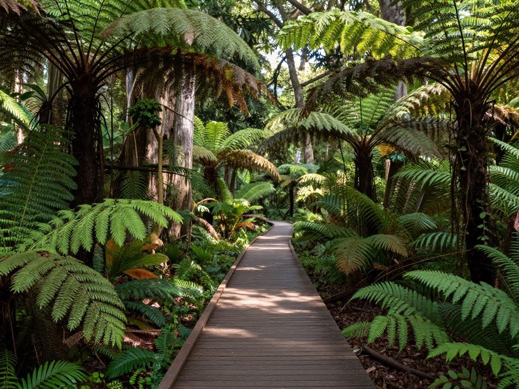 Hinterland rainforest trail with lush vegetation and filtered sunlight