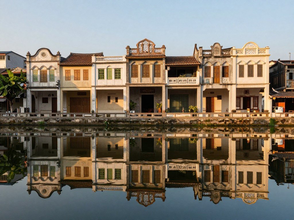 Historic Chinese shophouse reflected in restored Bangkok canal at sunset