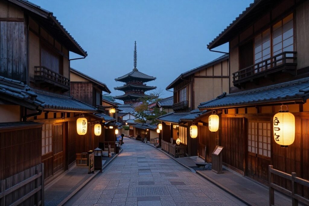 Historic Gion district street with traditional teahouses and wooden buildings at twilight Historic Gion district street with traditional teahouses and wooden buildings at twilight