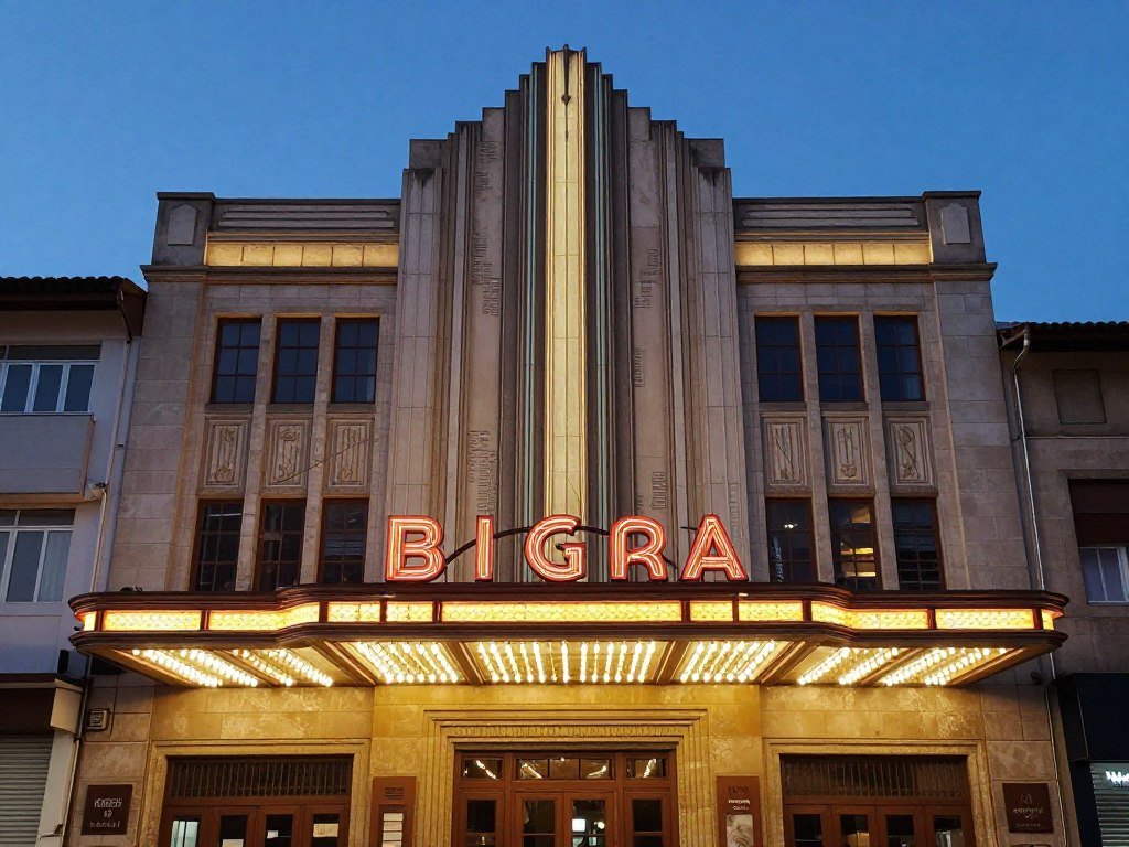 Historic art deco theater facade on Braga Street at night