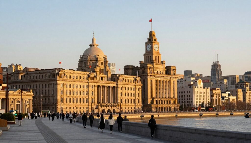 Historic buildings along the Bund waterfront in Shanghai during golden hour