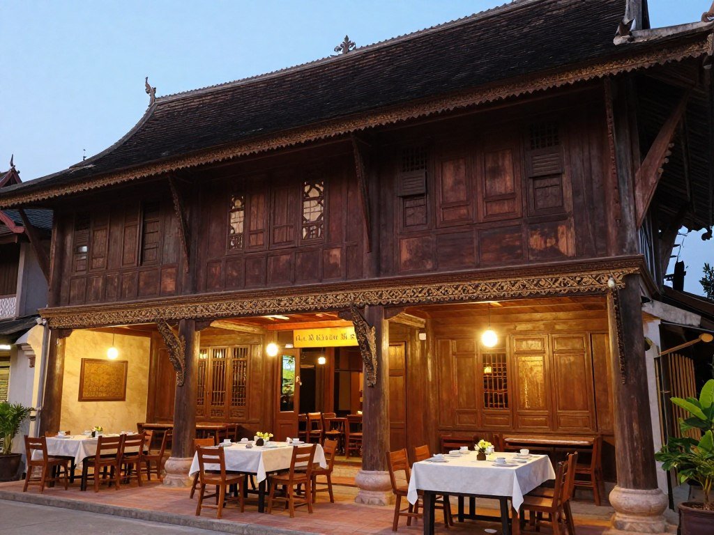 Historic wooden building of Khuang Muang restaurant in Chiang Mai with traditional Northern Thai architecture Historic wooden building of Khuang Muang restaurant in Chiang Mai with traditional Northern Thai architecture