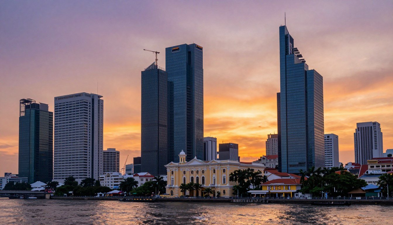 Ho Chi Minh City skyline at sunset showing modern skyscrapers and historic buildings