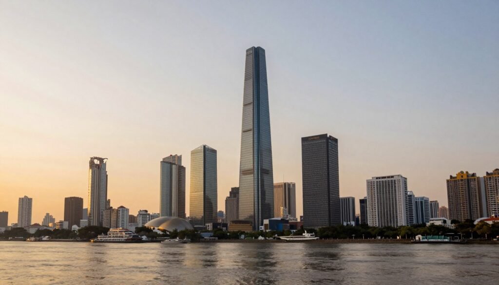 Ho Chi Minh City skyline during golden hour sunset
