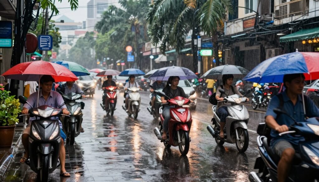 Ho Chi Minh City street during rainy season with colorful umbrellas Ho Chi Minh City street during rainy season with colorful umbrellas