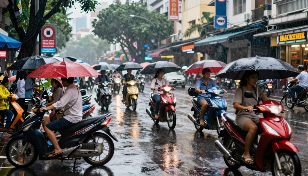 Ho Chi Minh City street during tropical rain shower