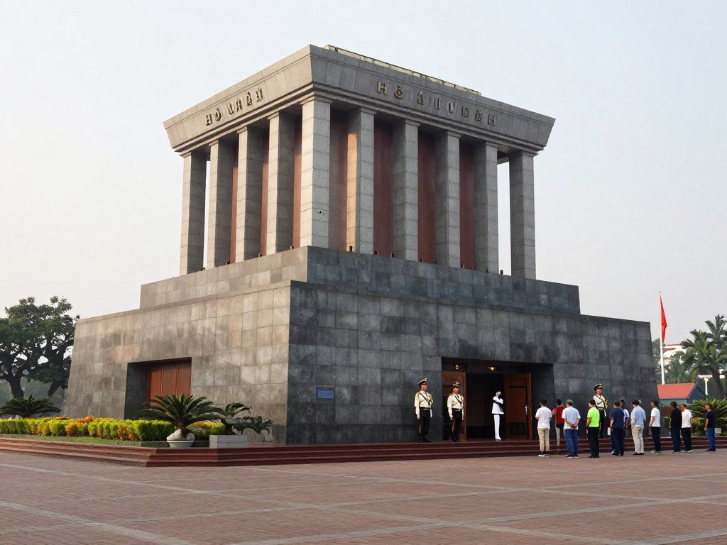 Ho Chi Minh Mausoleum exterior with guards and visitors in Hanoi
