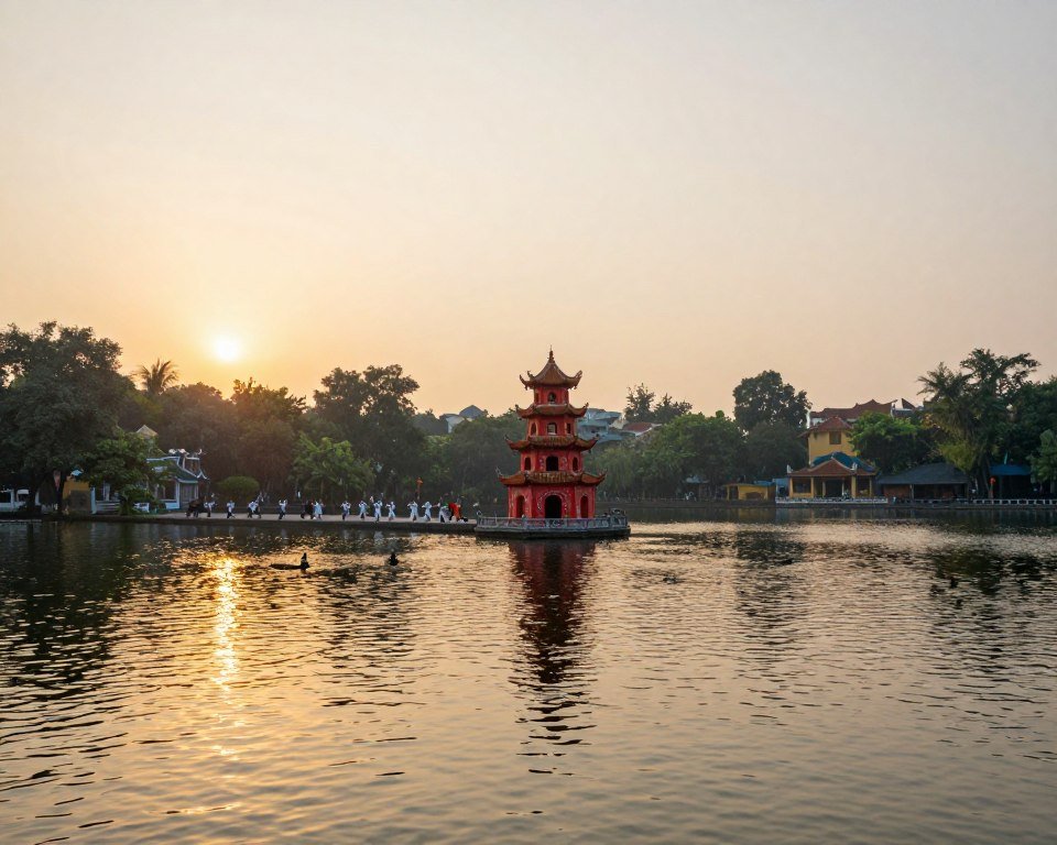 Hoan Kiem Lake in Hanoi at sunrise with Turtle Tower and locals exercising
