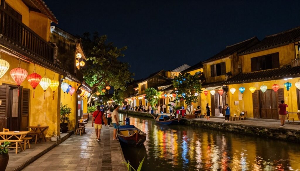 Hoi An Ancient Town at night with colorful lanterns reflecting in river