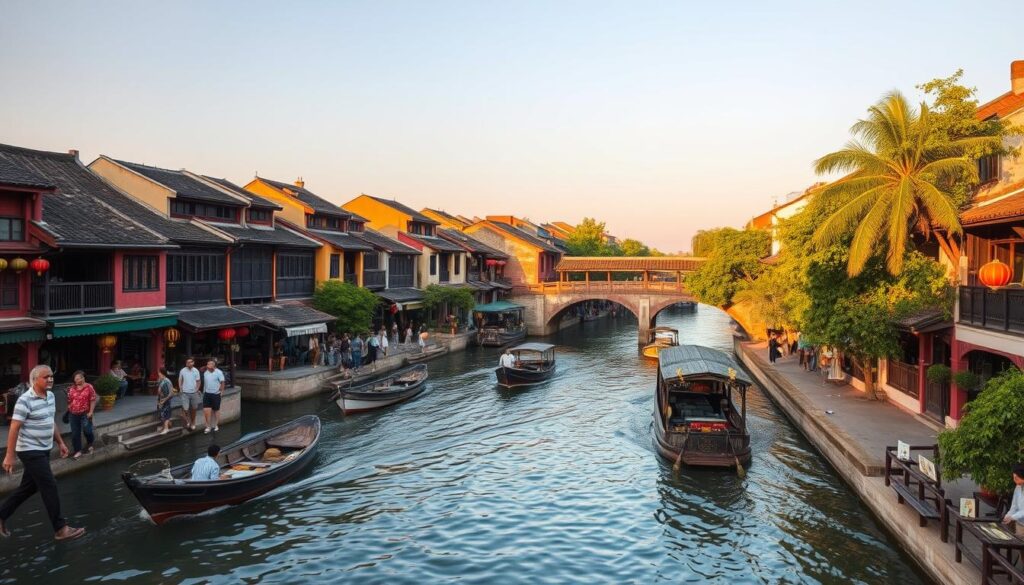 Hoi An ancient town, a picturesque coastal gem in Central Vietnam. A charming streetscape of colorful, centuries-old merchant houses, lantern-lit alleys, and iconic Japanese covered bridge, bathed in warm, golden afternoon light. Quaint boats drift along the serene Thu Bon River, flanked by lush, verdant riverbanks. Locals and visitors alike stroll leisurely, immersed in the town's timeless, enchanting atmosphere. Capture the essence of this UNESCO World Heritage site, with its harmonious blend of Vietnamese, Chinese, and Japanese architectural influences, as a testament to Central Vietnam's rich cultural heritage.