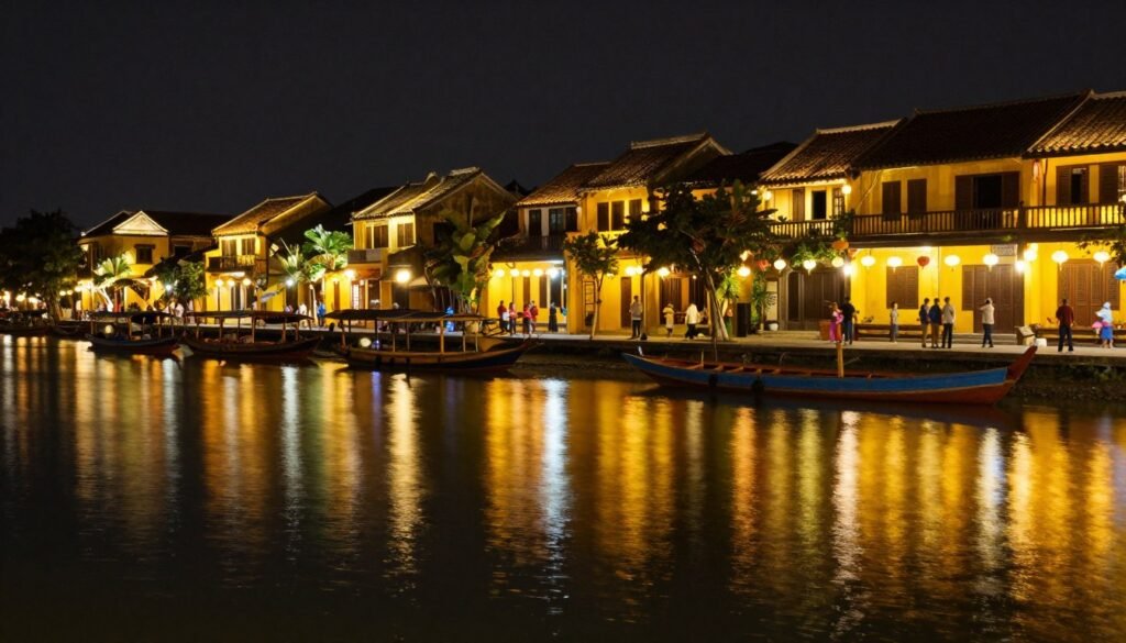 Hoi An ancient town glowing with lanterns at night reflected in river