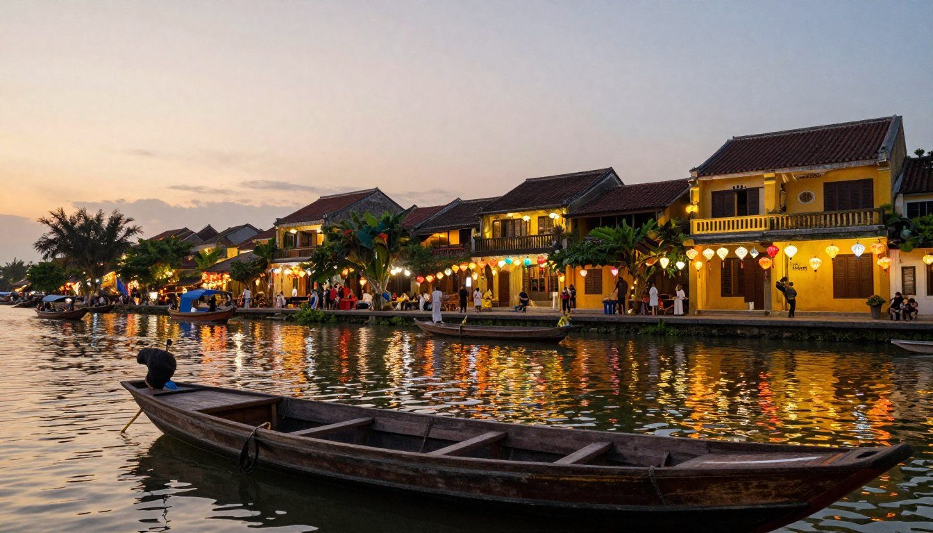 Hoi An ancient town lanterns illuminating Thu Bon River at dusk