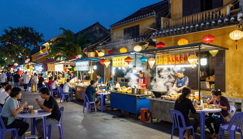Hoi An night market street food stalls with lanterns