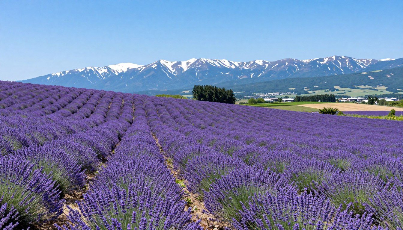 Hokkaido landscape with lavender fields and mountains in summer