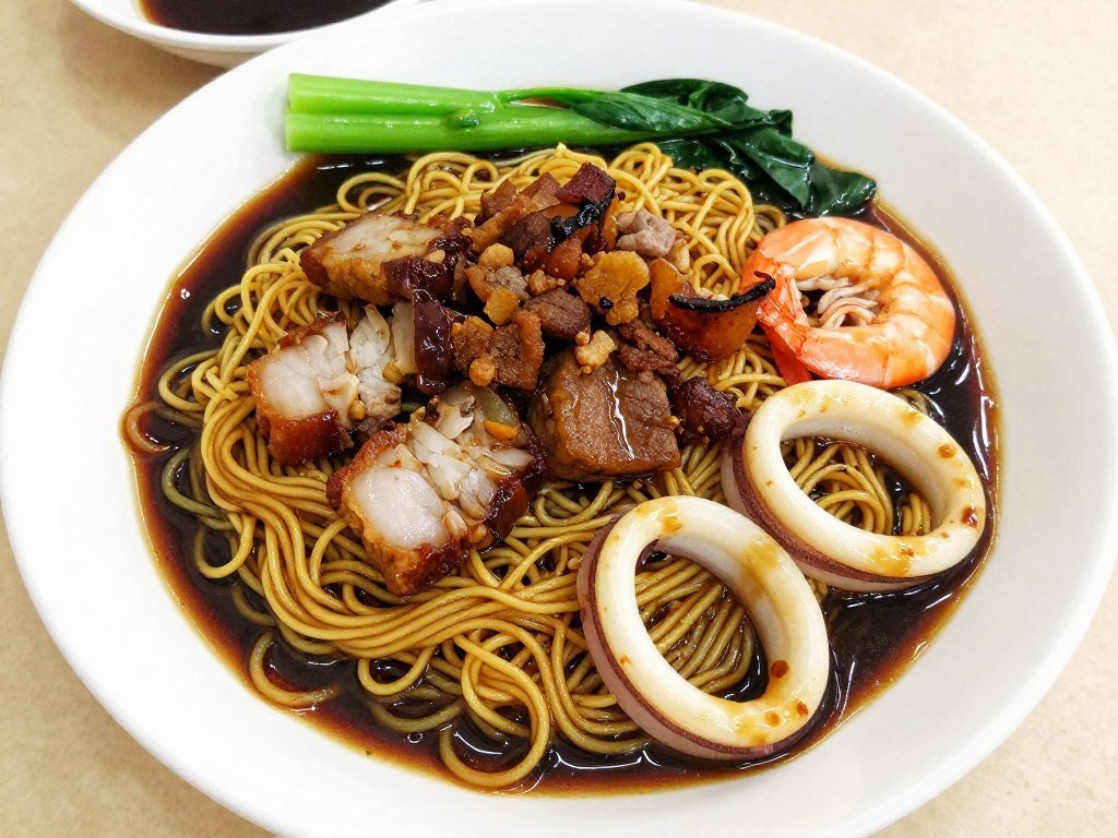 Hokkien mee noodles in dark soy sauce with pork and seafood
