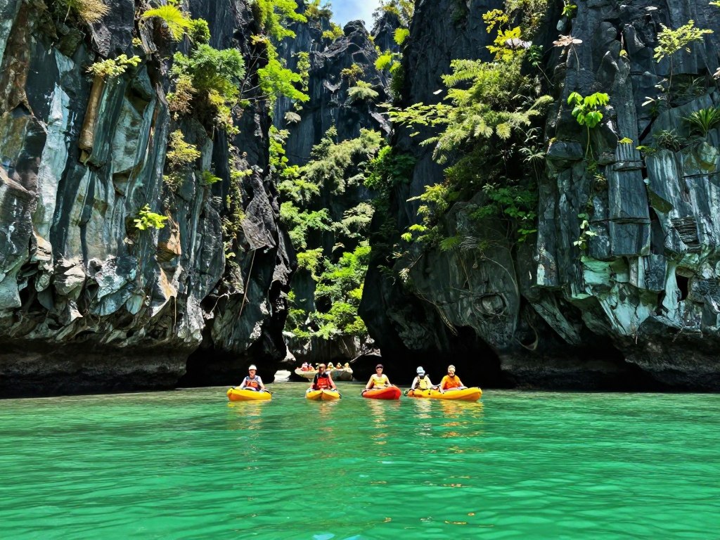 Hong Islands lagoon with kayaks and limestone cliffs