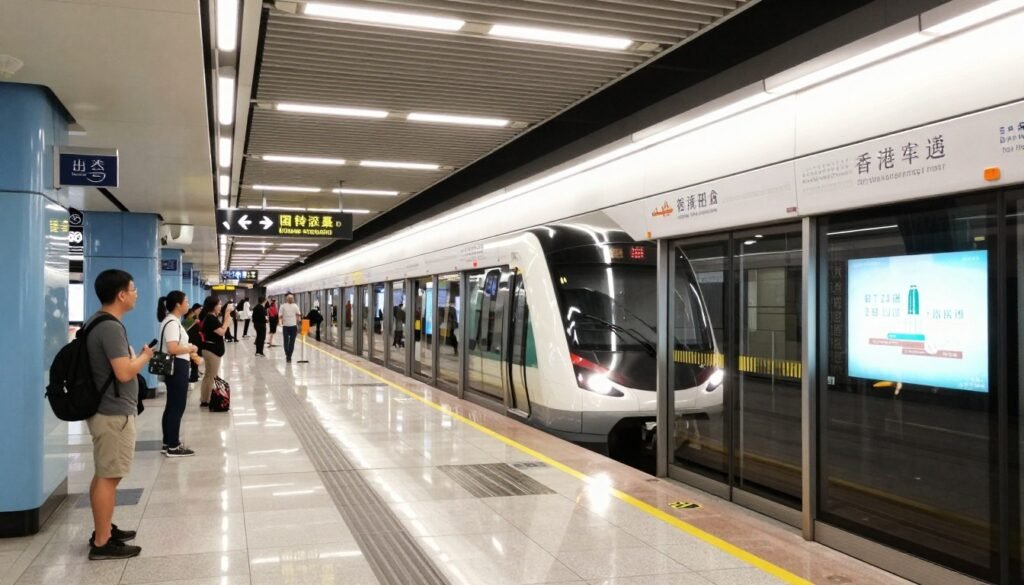 Hong Kong MTR station platform with modern train arriving