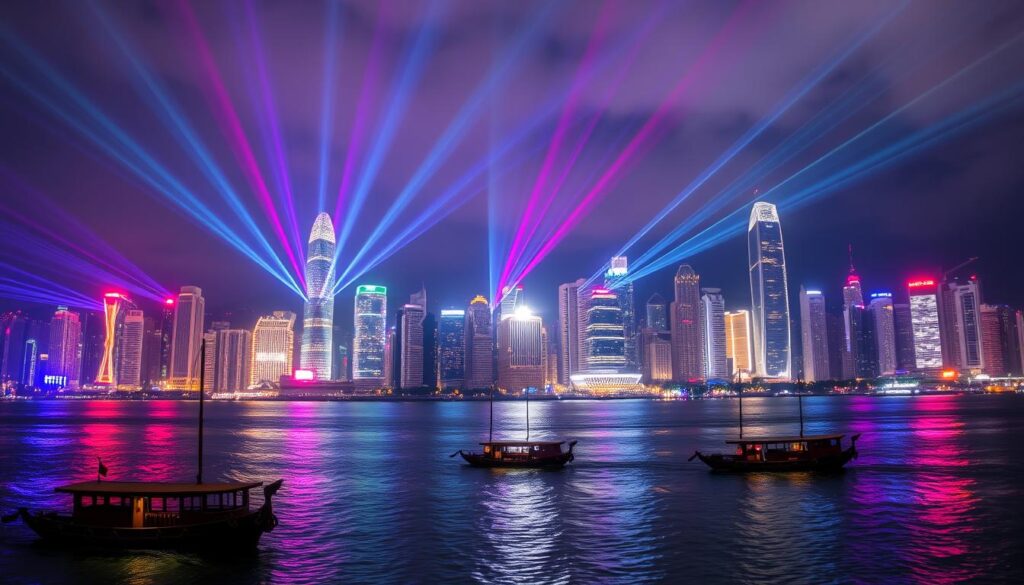 Hong Kong skyline at night with Symphony of Lights show, the perfect ending image for a Hong Kong travel guide