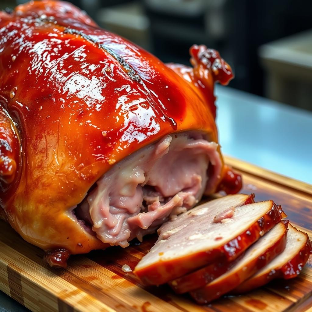 Hong Kong-style roast goose with crispy skin, a famous dish mentioned in a Hong Kong travel guide
