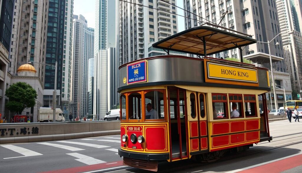 Hong Kong tram (ding-ding) traveling through the city, a budget transportation option in a Hong Kong travel guide