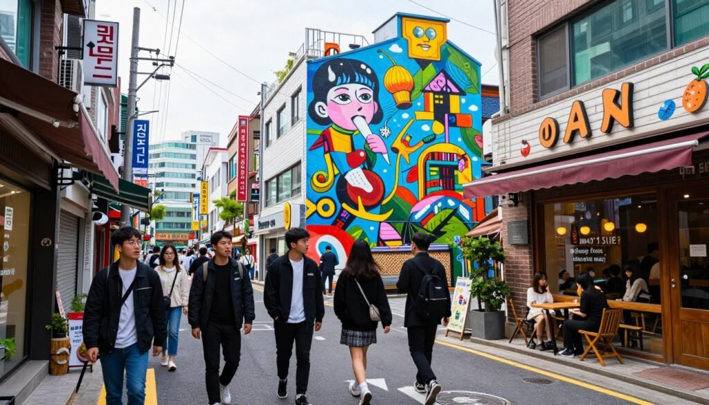 Hongdae street with young people, cafes, and street art