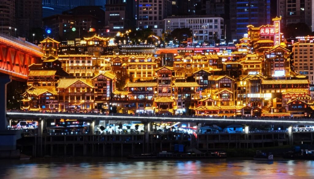 Hongya Cave traditional stilted buildings illuminated at night along river
