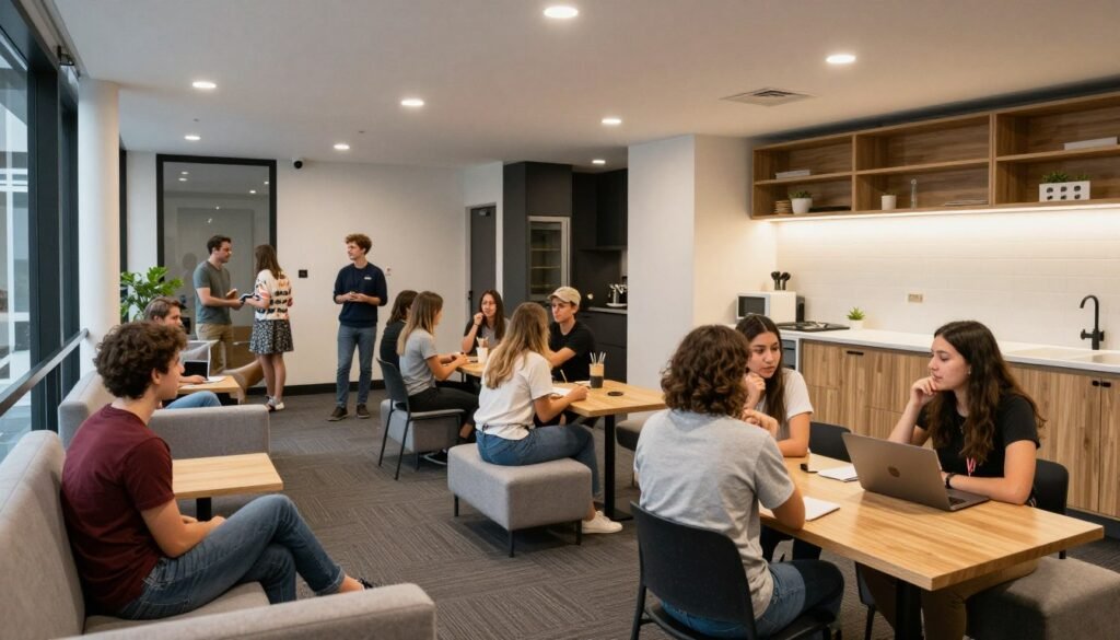 Hostel common area with travelers socializing