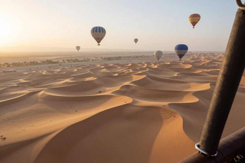 Hot air balloon flight over UAE desert at sunrise Hot air balloon flight over UAE desert at sunrise