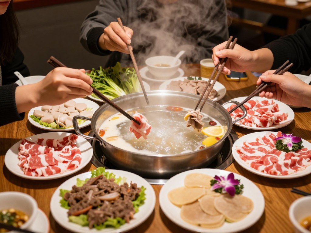 Hot pot meal with ingredients cooking in broth at the table Hot pot meal with ingredients cooking in broth at the table