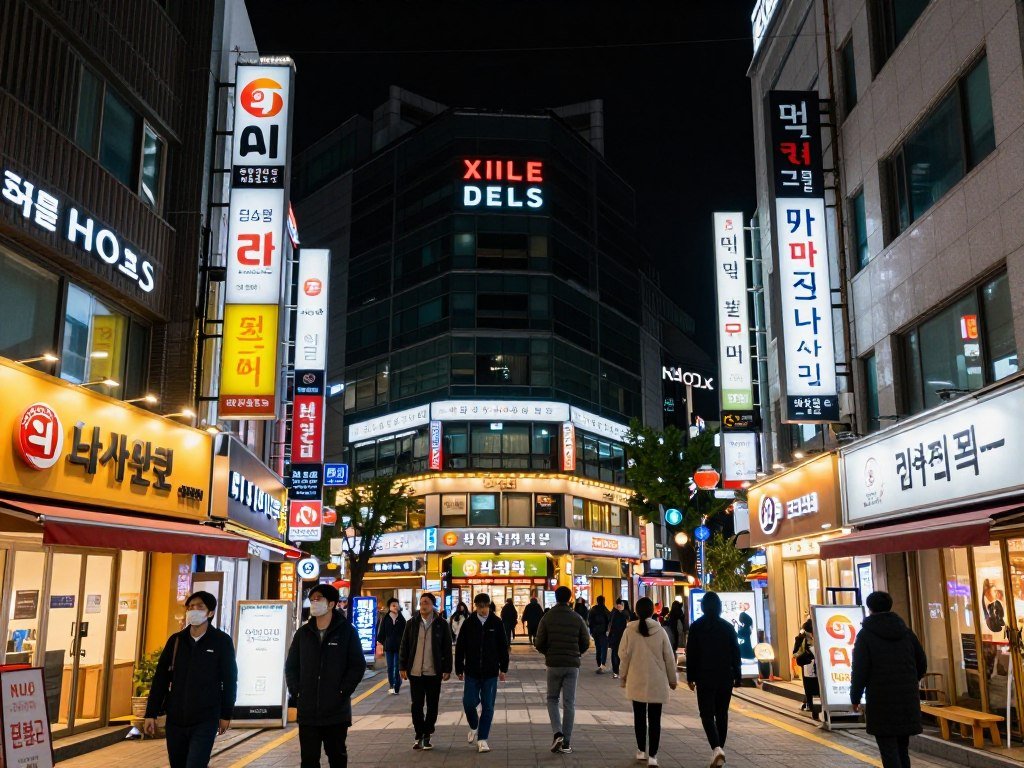 Hotels and buildings in Myeongdong district at night
