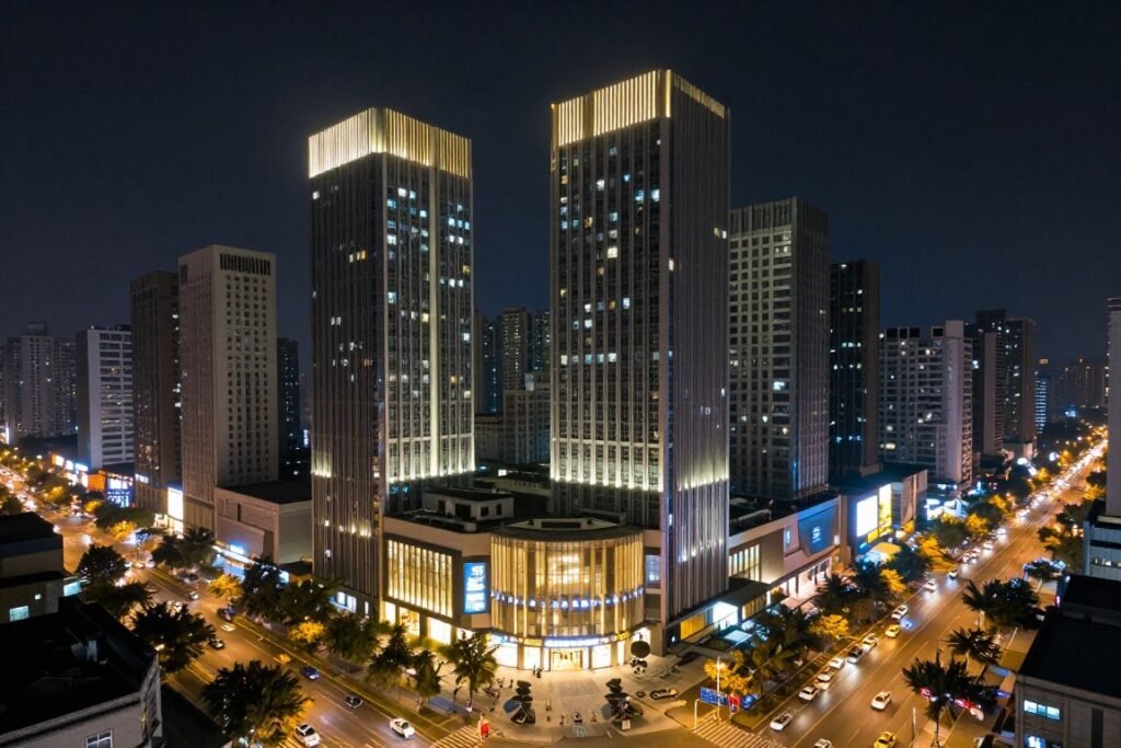 Hotels and modern buildings in Chunxi Road area at night