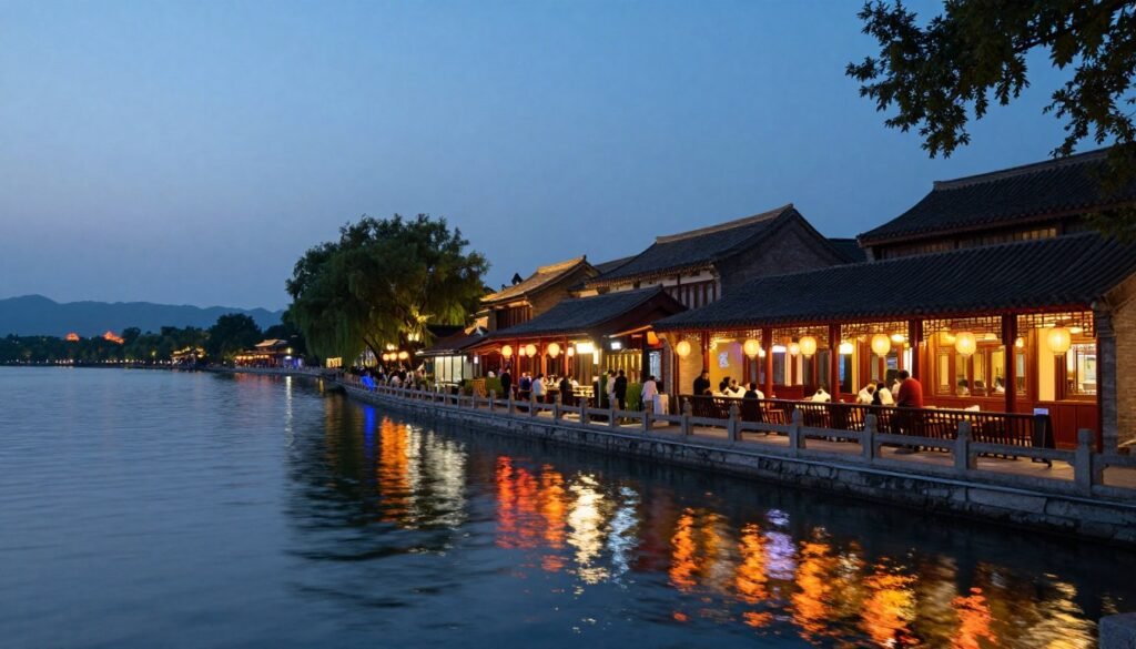 Houhai Lake area with traditional buildings and bars along waterfront Houhai Lake area with traditional buildings and bars along waterfront