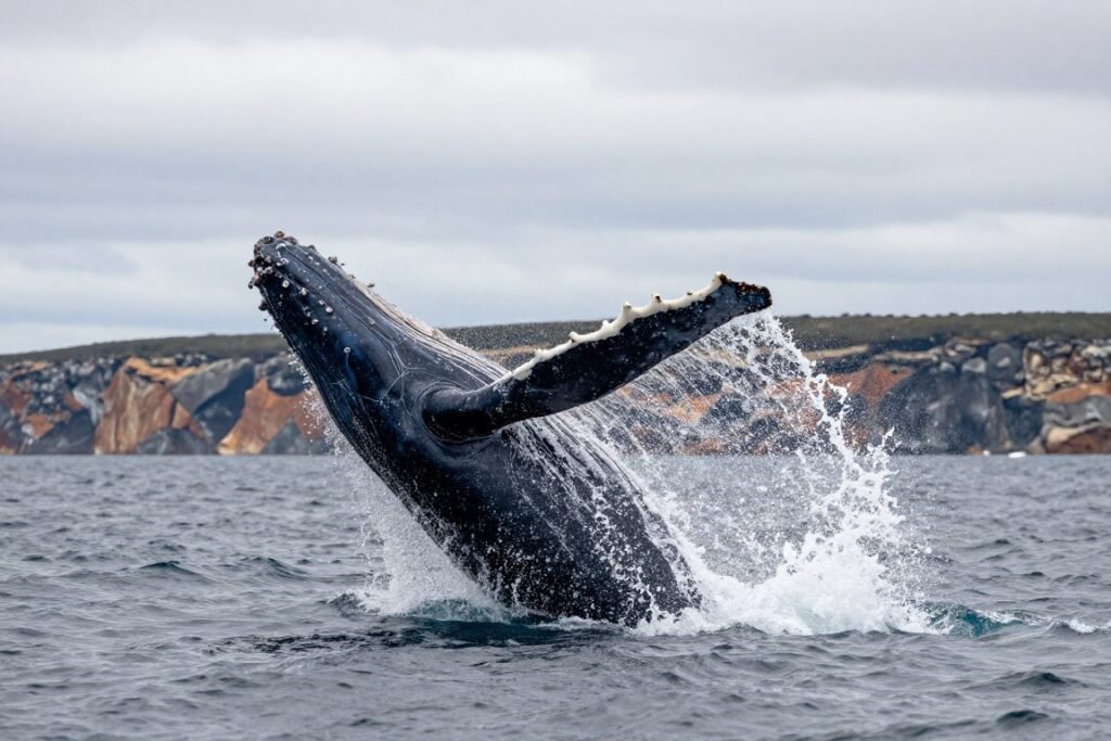 Humpback whale breaching off Perth coast during winter migration season
