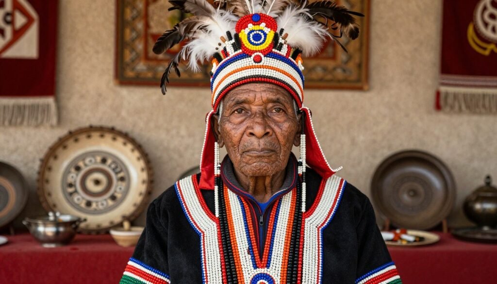 Iban elder in traditional dress with cultural artifacts