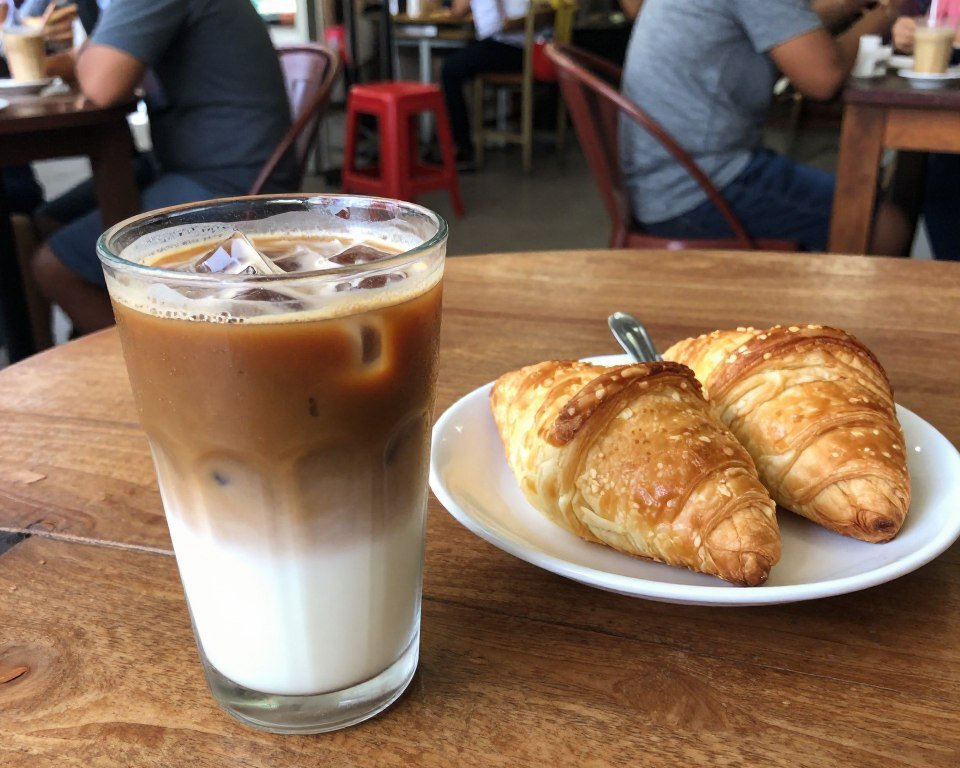 Iced coffee and pastries at Siem Reap cafe