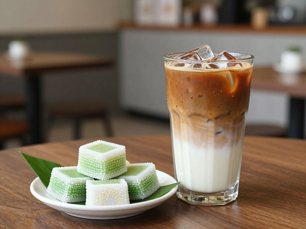 Iced local coffee and traditional kuih cakes at Sabah cafe