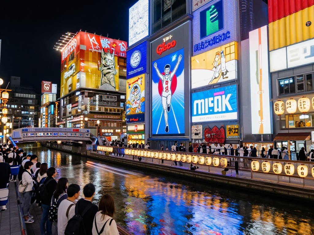 Iconic Dotonbori canal with illuminated Glico running man sign at night
