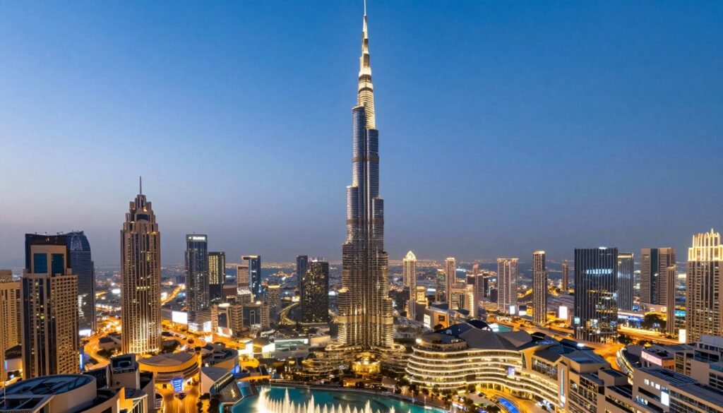 Iconic Dubai skyline featuring Burj Khalifa towering over the city