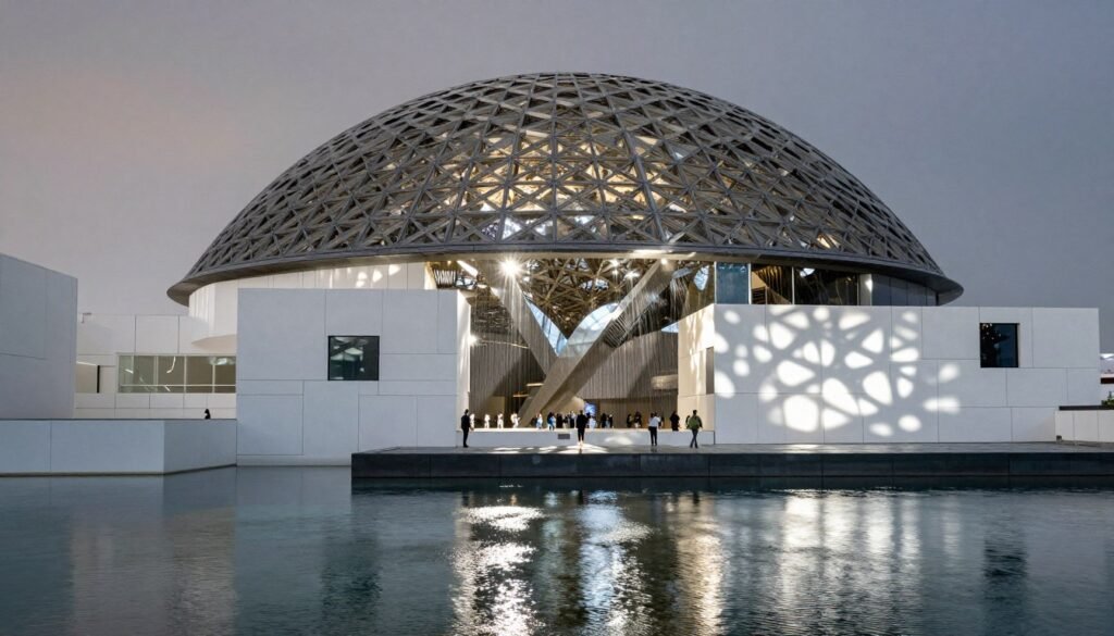 Iconic dome architecture of Louvre Abu Dhabi creating light patterns
