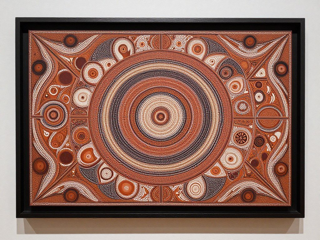 Indigenous Australian art display showing traditional dot painting